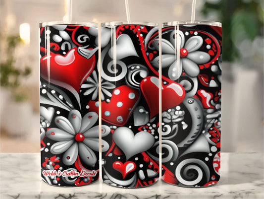 3D Hearts And Daisies Design 20 oz Skinny Stainless Steel Tumbler
