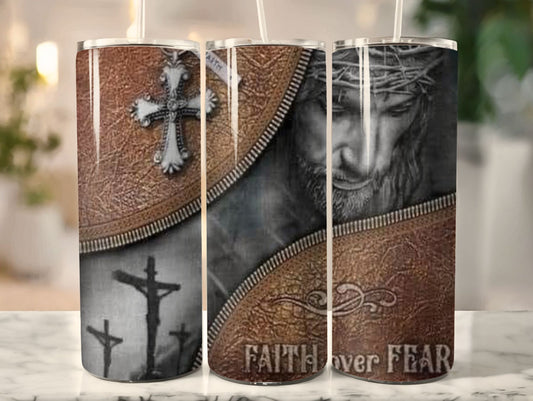 Faith Over Fear Tumbler  20 oz Stainless Steel Leather Bible Cover Design with Open Zipper Inspirational and Encouraging Order Now!