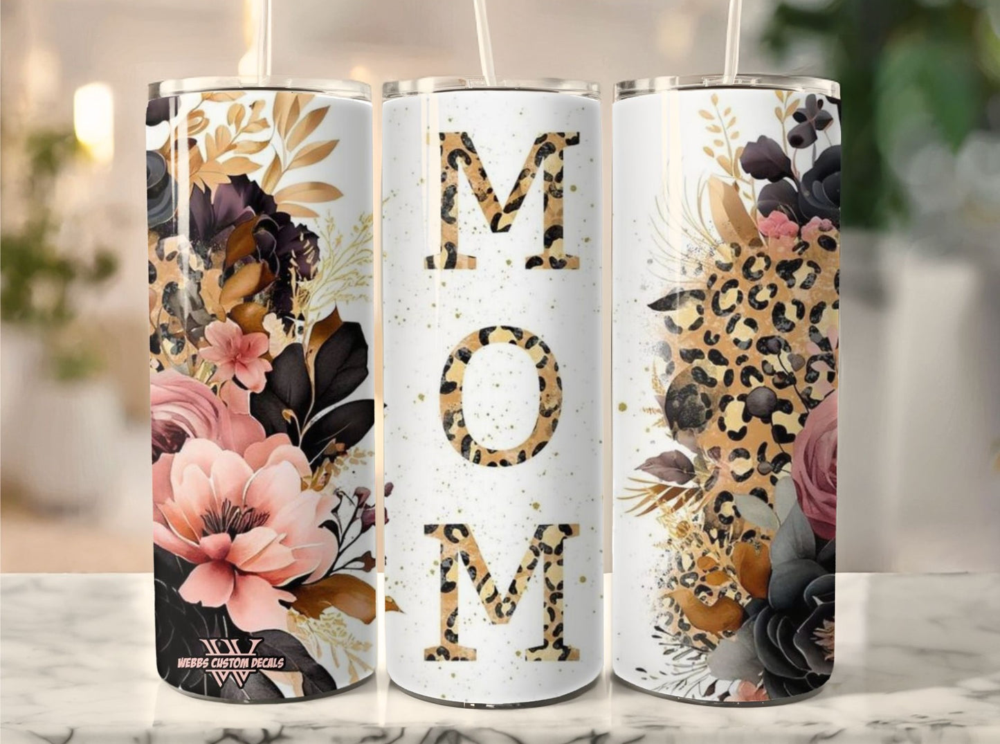 20-Ounce 'Mom' Leopard Print Tumbler: Pink Beautiful Flowers for Mother's Day