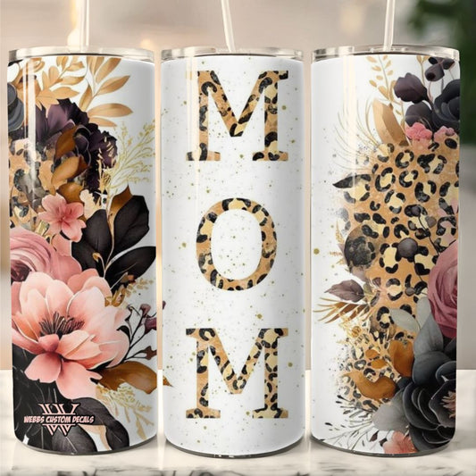 20-Ounce 'Mom' Leopard Print Tumbler: Pink Beautiful Flowers for Mother's Day