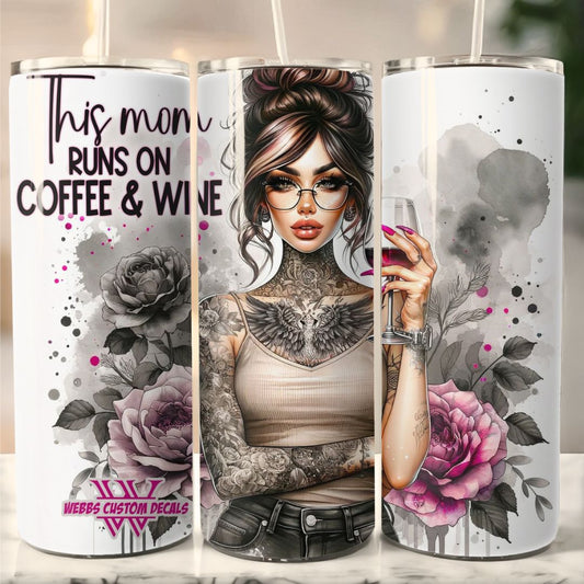 20-Ounce 'Coffee and Wine' Tumbler: Woman with Wine Glass and Rose Tattoo Design