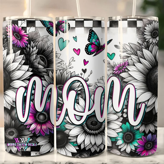 20-Ounce Bold Mom Tumbler: Black and White Sunflower and Checkerboard Design